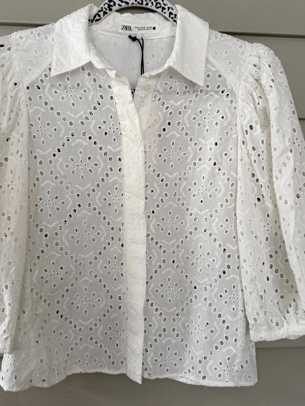 Zara White Eyelet Button-Down Shirt with Puff Sleeves